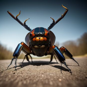 close up of a bug on a road with trees in the background and a blue sky in the background