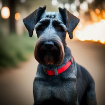 dog with a red collar is looking at the camera with a blurry background of trees and bushes