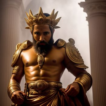 man in a golden costume standing in front of pillars with a beard and a crown on his head