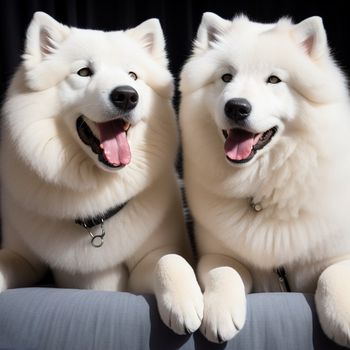 two white dogs sitting on a couch with their mouths open and their paws out and their mouths open