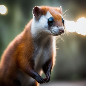 small animal with a blue eye standing on its hind legs and looking at the camera with a blurry background