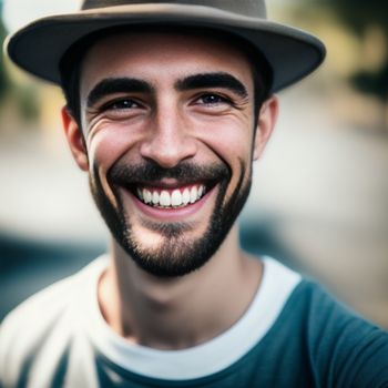 man with a hat and a beard smiling at the camera with a smile on his face and a beard