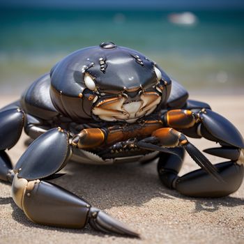 close up of a crab on a beach near the ocean water and sand with a blue sky in the background