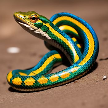 colorful snake is curled up on the ground with its head turned to the side and it's tongue out