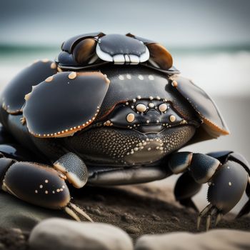 black crab with a white spot on its back legs and legs