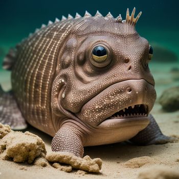 close up of a fish with a toothy mouth and a toothy mouth with a crown on it