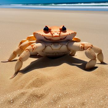 crab is sitting on the sand at the beach and looking at the camera man taking a picture of it