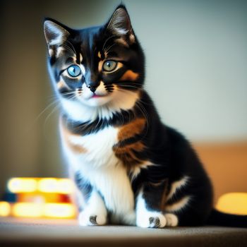 cat with blue eyes sitting on a table looking at the camera with a blurry background of lights