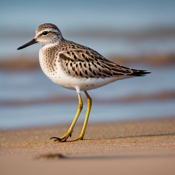 bird standing on the sand near the water's edge with its legs spread out and feet spread