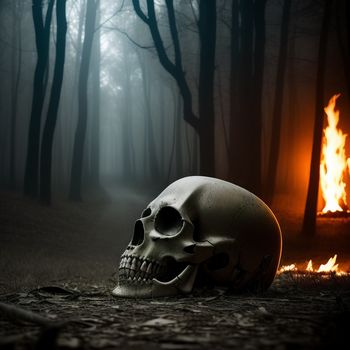 skull sitting in the middle of a forest with a fire in the background and a dark forest with a fire burning