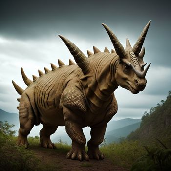 large dinosaur statue standing on a dirt road in a field with mountains in the background and clouds in the sky