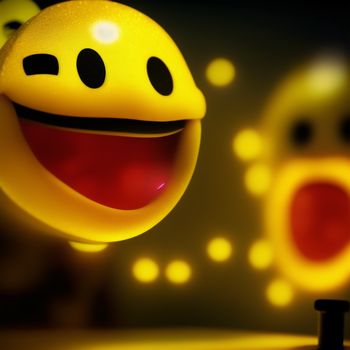 smiley face ball is in front of a yellow background with other balls in the background and a black stand