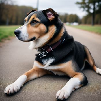 dog laying down on the side of a road with a leash on it's neck and a collar on