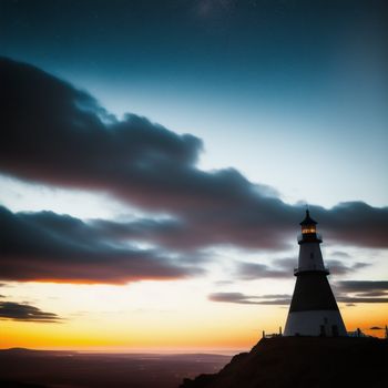 lighthouse on a hill with a sky background at sunset or dawn with clouds in the sky and a star in the sky