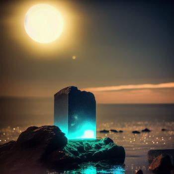 large rock sitting on top of a beach under a full moon sky with a light shining on it