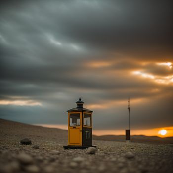 small yellow phone booth sitting in the middle of a field with a cloudy sky in the background and a telephone pole in the foreground