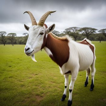 goat with long horns standing in a field of grass with trees in the background and a cloudy sky