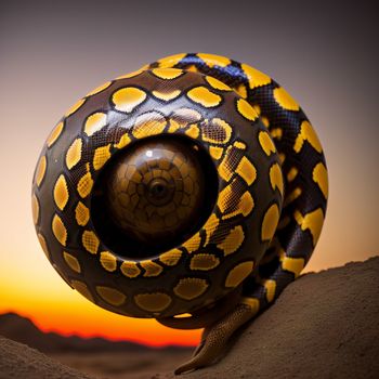 ball with a snake skin pattern on it sitting on a rock at sunset with a mountain in the background