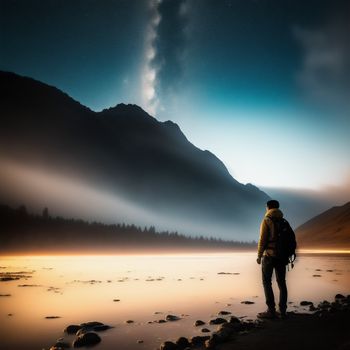 man standing on a beach looking at the sky and clouds above him and a mountain range in the distance