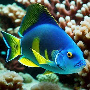 blue and yellow fish swimming on a coral reef in the ocean with soft corals and soft corals