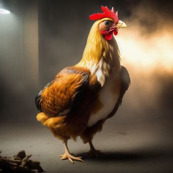 rooster standing in a dark room with a light on it's head and a red comb on its head