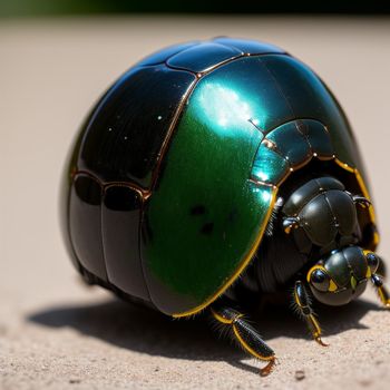 green and black bug sitting on the ground with its head turned to the side and eyes closed