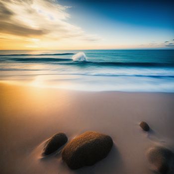 two rocks on the beach with a wave coming in to shore and a sunset in the background with a blue sky