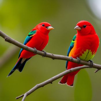 two colorful birds perched on a tree branch together