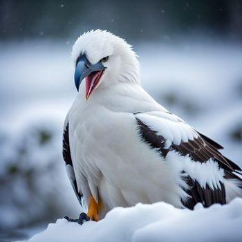 white and black bird with a blue beak and yellow feet sitting in the snow with snow falling on it