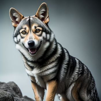 dog with a painted face sitting on a rock looking at the camera with a smile on its face