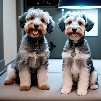 two dogs sitting next to each other on a floor with a lamp in the background and a lamp shade on the wall