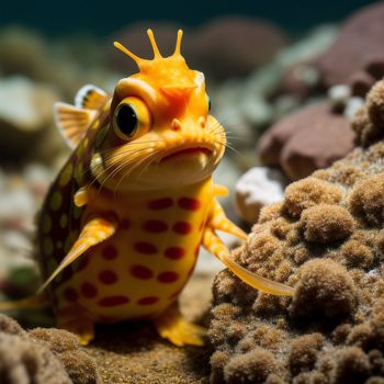 yellow and red fish with a yellow crown on its head and a black and white dot on its body