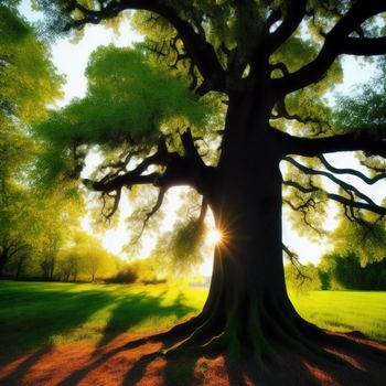 large tree with the sun shining through it's branches in a park setting with grass and trees