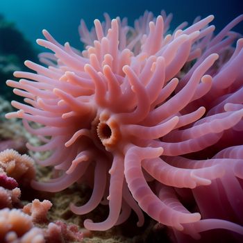 pink sea anemone is on the ocean floor with other corals and other corals around it