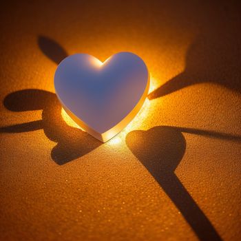 heart shaped object casts a shadow on a table top with a light shining on it and a shadow of a person's hand