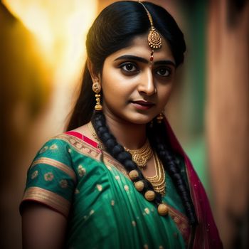 woman in a green sari with a red and gold necklace and a green blouse with a gold necklace and a red and gold necklace