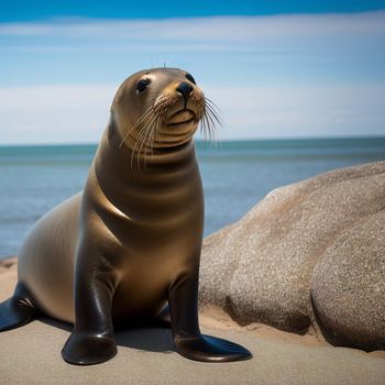 seal sitting on a rock near the ocean with a sky background and a body of water in the background