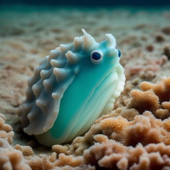 sea slug is sitting on a coral reef with a blue eye on it's face and a white shell