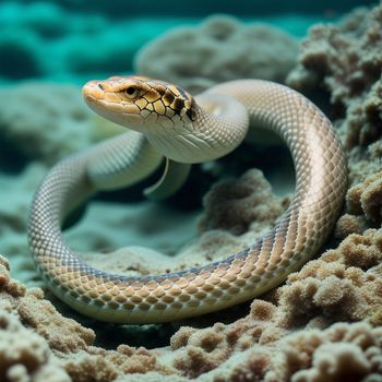 snake is curled up on a coral reef in the ocean