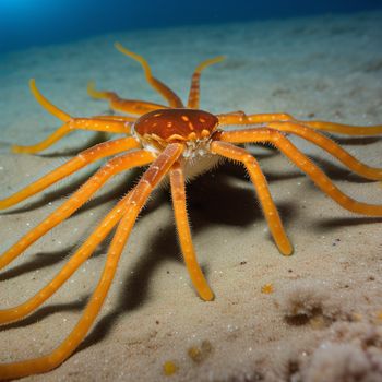 close up of a crab on a sandy surface with water in the background and a blue sky in the background