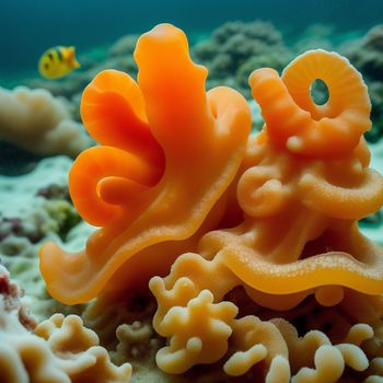 close up of a coral with a fish in the background on a coral reef with corals and other corals