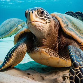 turtle swimming in the ocean with another turtle nearby in the background