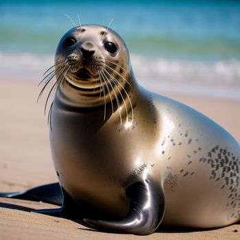 seal on the beach with a blue ocean in the background and a blue sky in the background