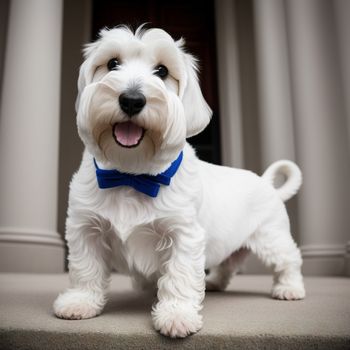 white dog with a blue bow tie standing on a step outside a door with a door way in the background