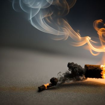 cigarette with smoke coming out of it and a cigarette lighter in the foreground with a black background