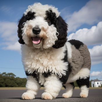 dog that is standing on a street with a sky background and clouds in the background