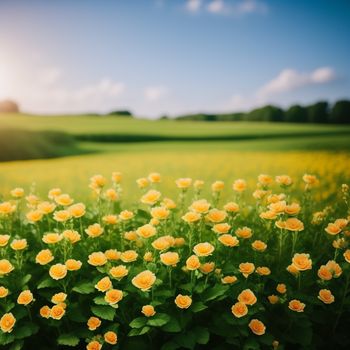 field of yellow flowers with a blue sky in the background and sun shining on the grass and trees