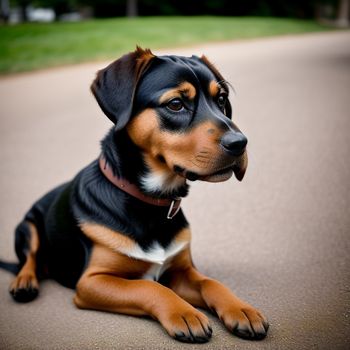 dog is sitting on the ground in the street and looking at the camera with a sad look on his face