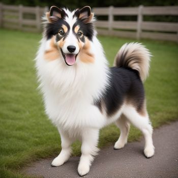 dog standing on a path in a grassy area with a fence in the background and grass in the foreground