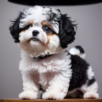 small white and black dog sitting on a table next to a lamp and a black and white dog